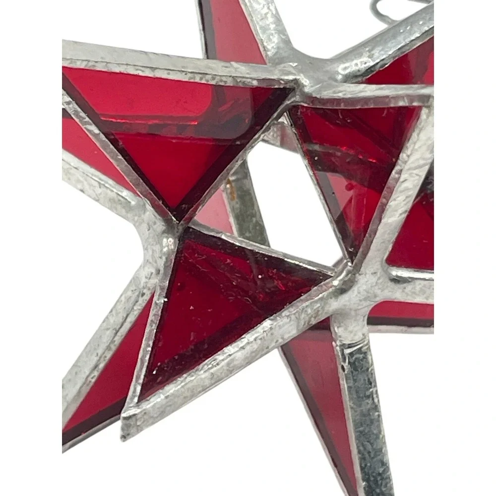 Vintage‎ Moravian 12 Point Star Red Leaded Stained Glass Sun Catcher Ornament